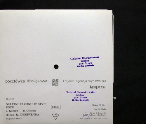 Rajmund Derewenda - Ostatni Przebój W Stylu Rock Tonpress ‎– R-0787 Flexi-disc, 7", 45 RPM, Single Sided, Card Backed, Sound Postcard, Mono 