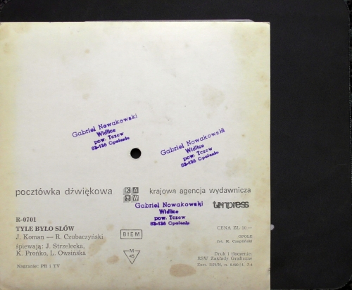 J. Strzelecka, K. Prońko, L. Owsiak - Tyle Było Słów Tonpress ‎– R-0701 Flexi-disc, 7", 45 RPM, Single Sided, Card Backed, Picture Disc, Mono 