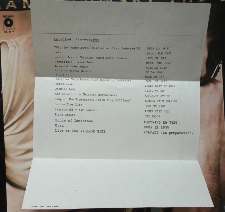 Zbigniew Namysłowski The Q – Open Polskie Nagrania Muza – SX 2539