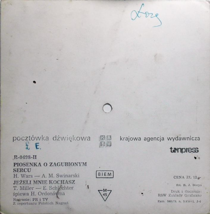 H. Ordonówna – Piosenka O Zagubionym Sercu / Jeżeli Mnie Kochasz Tonpress – R-0498-II