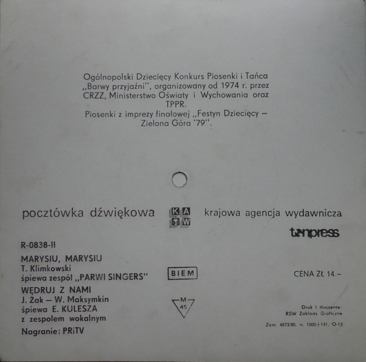 Parwi Singers, E. Kulasza Z Zespołem Wokalnym – Marysiu, Marysiu Tonpress – R-0838-II