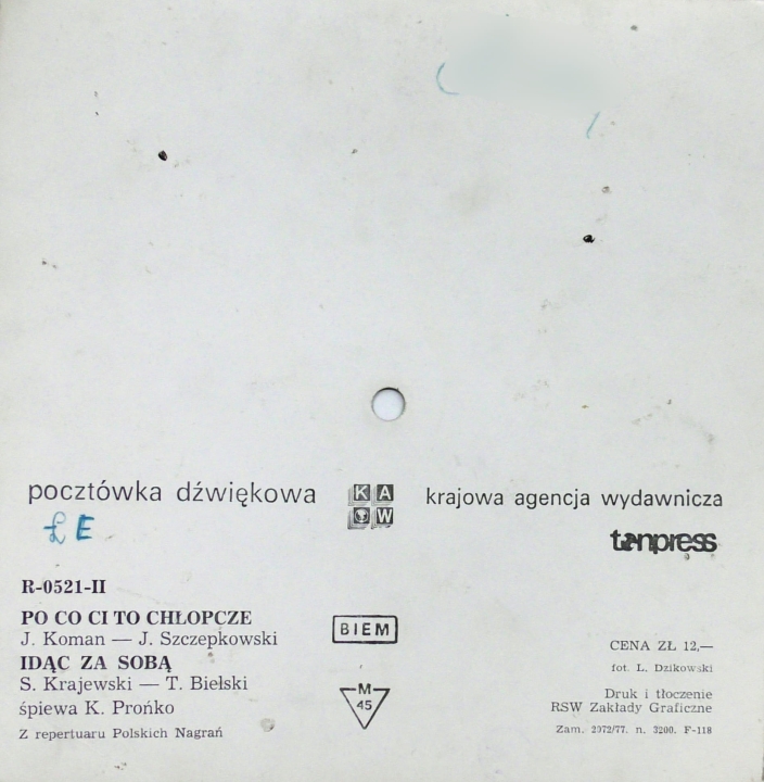 Krystyna Prońko – Po Co Ci To Chłopcze / Idąc Za Sobą Tonpress – R-0521-II
