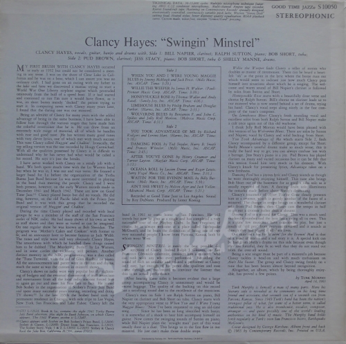 Clancy Hayes Swingin Minstrel GOOD TIME JAZZ S 10050 Dixieland Виниловые Пластинки Джаз