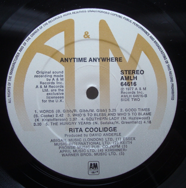 Rita Coolidge ‎– Anytime... Anywhere AMLH 64616 A2 / B1 Pop