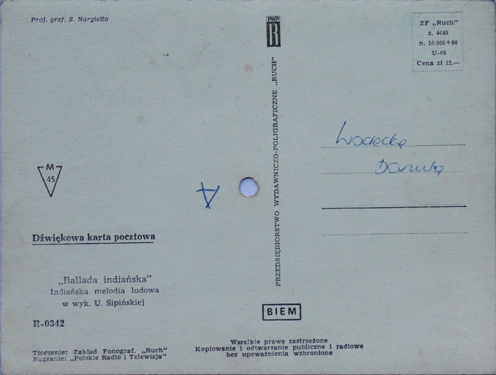 Urszula Sipińska – Ballada Peruwiańska = El Condor Pasa Przedsiębiorstwo Wydawniczo-Poligraficzne "Ruch" – R-0342