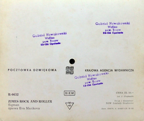 Eva Mazikova ‎– Zimes Rock And Roller Krajowa Agencja Wydawnicza ‎– R-0632 Flexi-disc, 6", 45 RPM, Single Sided, Card Backed, Picture Disc, Mono