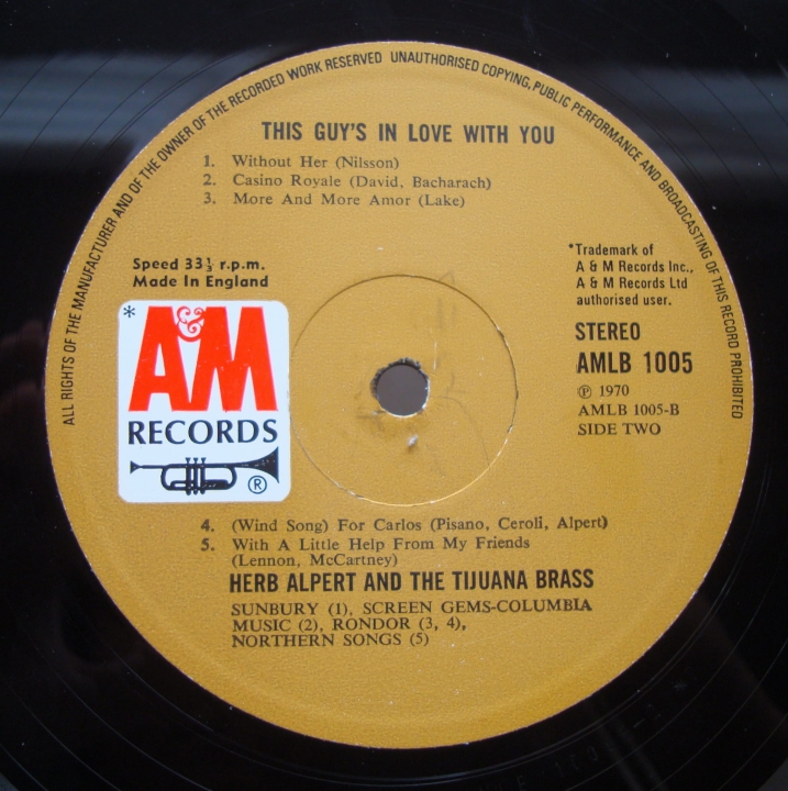 Herb Alpert & The Tijuana Brass ‎– This Guy's In Love With You AMLB 1005,A-1 / B-2 Pop 