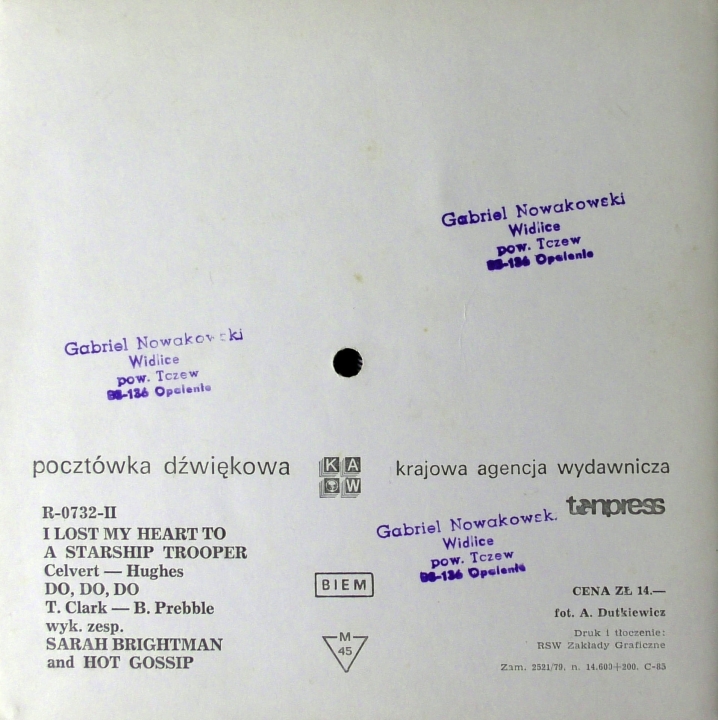 Sarah Brightman And Hot Gossip ‎– I Lost My Heart To A Starship Trooper Tonpress ‎– R-0732-II Flexi-disc, 7", 45 RPM, Card Backed, Picture Disc, Mono 