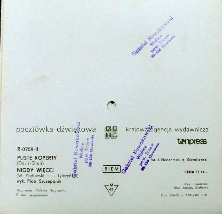 Piotr Szczepanik ‎– Puste Koperty / Nigdy Więcej Tonpress R- 0759-II Flexi