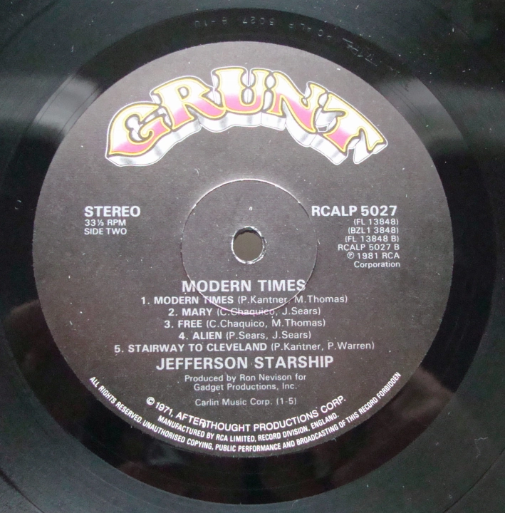  Jefferson Starship ‎– Modern Times RCA LP 5027,A-1U / B-1 Rock,Pop