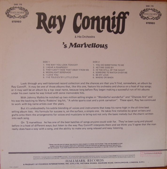 Ray Conniff & His Orchestra ‎– 'S Marvelous SHM 779
