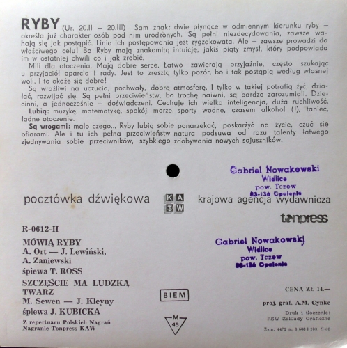 T. Ross / J. Kubicka ‎– Mówią Ryby / Szczęście Ma Ludzką Twarz Tonpress ‎– R-0612-II Flexi-disc, 7", 45 RPM, Single Sided, Card Backed, Picture Disc, Mono