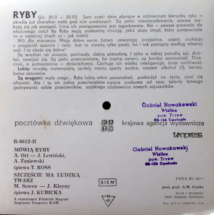 T. Ross / J. Kubicka ‎– Mówią Ryby / Szczęście Ma Ludzką Twarz Tonpress ‎– R-0612-II Flexi-disc, 7", 45 RPM, Single Sided, Card Backed, Picture Disc, Mono