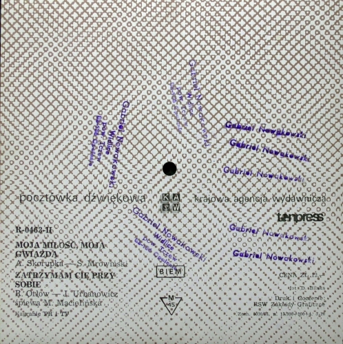 M. Macielińska - Moja Miłość, Moja Gwiazda,  Zatrzymam Cię Przy Sobie Tonpress ‎– R-0430-II  Flexi-disc, 7", 45 RPM, Single Sided, Card Backed, Sound Postcard, Mono 