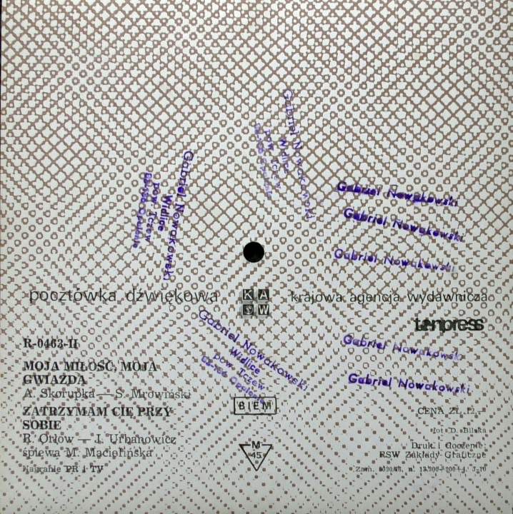 M. Macielińska - Moja Miłość, Moja Gwiazda,  Zatrzymam Cię Przy Sobie Tonpress ‎– R-0430-II  Flexi-disc, 7", 45 RPM, Single Sided, Card Backed, Sound Postcard, Mono 