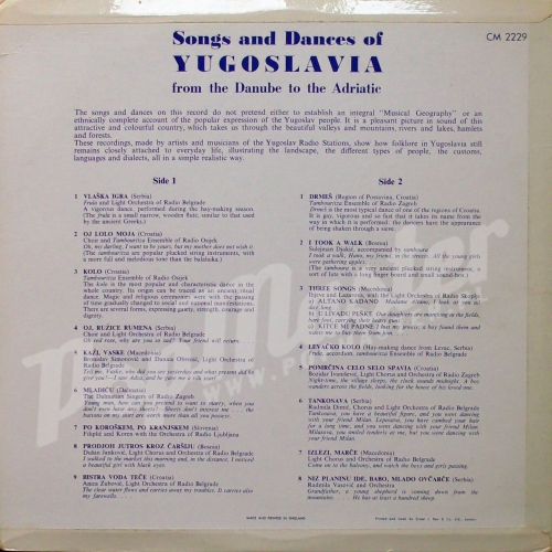 Song And Dances Of Yugoslavia From The Danube To The Adriatic CM 2229 Народная, Этно Виниловые Пластинки