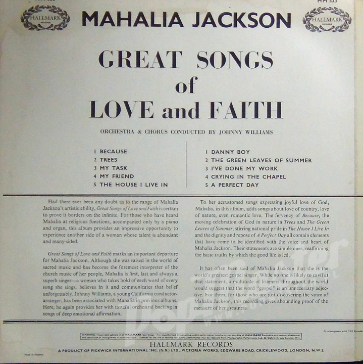 MAHALIA JACKSON GREAT SONGS OF LOVE AND FAITH HM 533