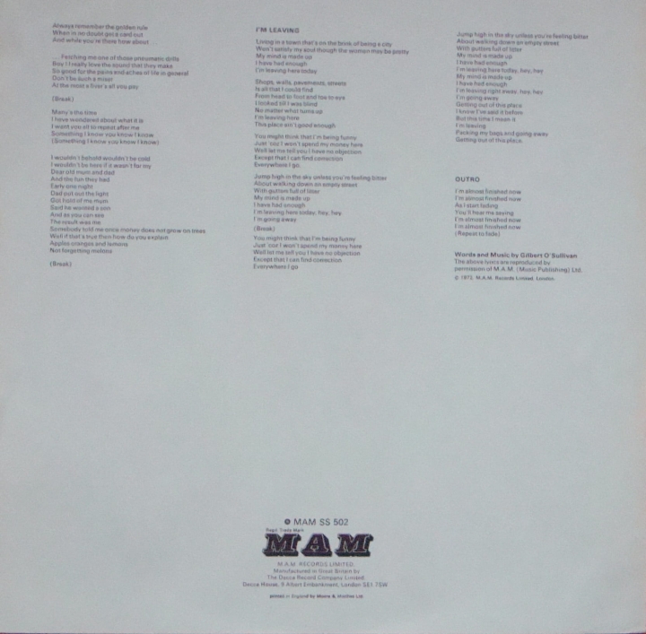 Gilbert O'Sullivan ‎– Back To Front MAM-SS 502 + Insert Pop Płyty Winylowe