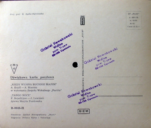 Partita - Kiedy Wiosna Buchnie Majem / Maryla Pawłowska - Tango Nocy  Krajowa Agencja Wydawnicza ‎– R-0048-II  Flexi-disc, 6", 45 RPM, Single Sided, Card Backed, Picture Disc, Mono