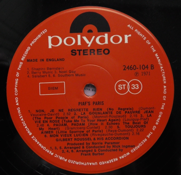 Gilbert Roussel & His Accordian: Piaf’s Paris 2460104 Sklep z Winylami 