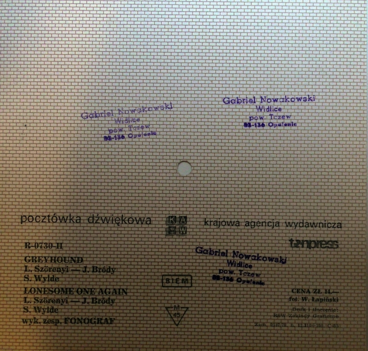Fonográf ‎– Greyhound / Lonesome One Again Tonpress ‎– R-0730-II Flexi-disc, 7