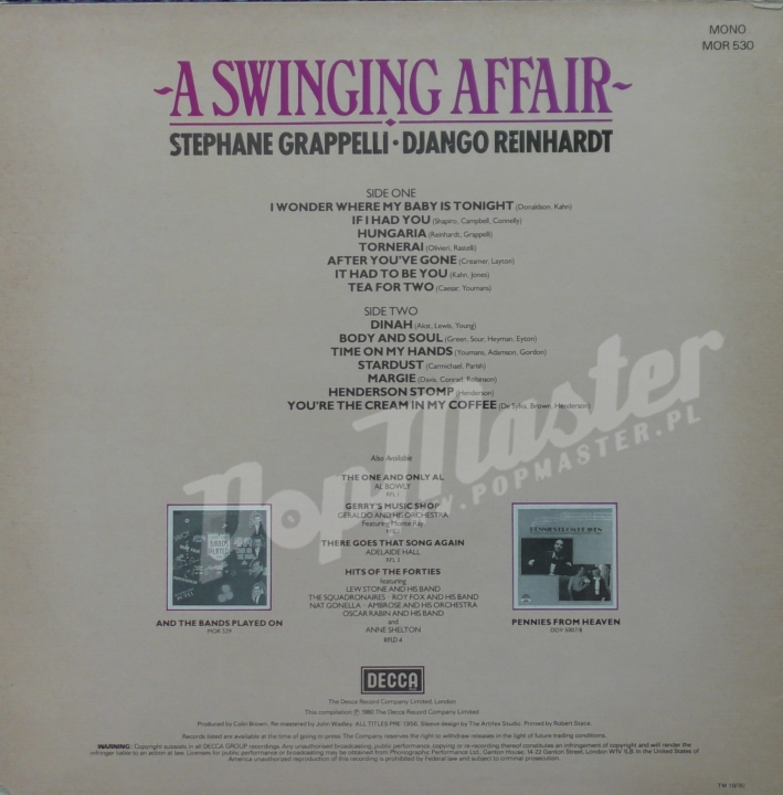 Django Reinhardt, Stephane Grappelli A Swingin 'Affair MONO MR 530 Виниловые Пластинки Джаз Jazz