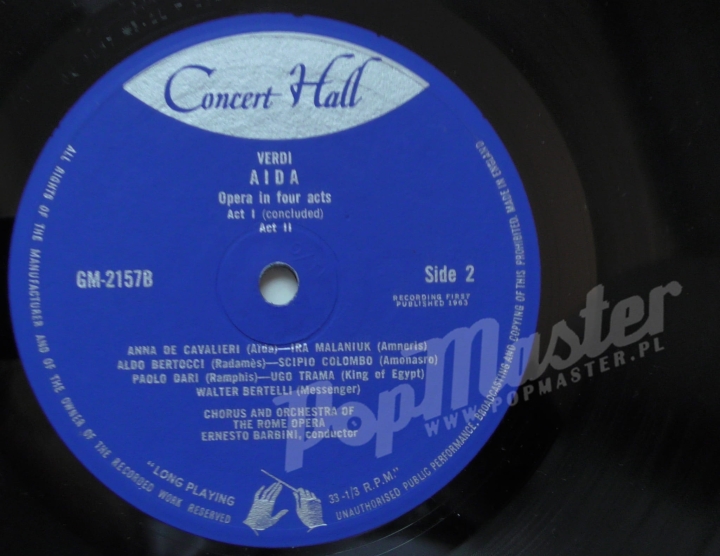 Aida Opera In Four Acts By Giuseppe Verdi Cavalieri, Colombo, Malaniuk Bertocci Chorus And Orchestra Of The Roma Opera Ernesto Barbini, Conductor GM 2157 Opera Classical Music Vinyl Records