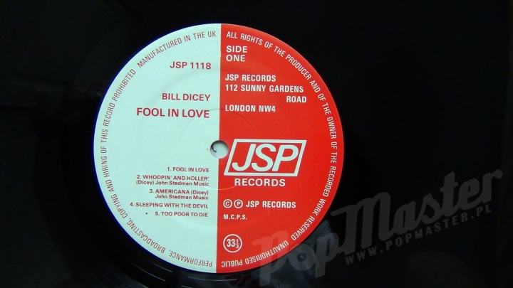 BILL DICEY FOOL IN LOVE JSP RECORDS 1118 Vinyl Blues Winyle