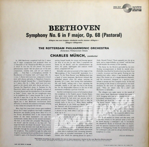 Beethoven Symphony No. 6 In F Major, Op. 68 (Pastoral) Charles Munch Rotterdams Philharmonisch Orkest SMSA 2527 Muzyka Klasyczna Winyle