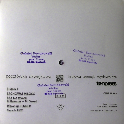 Tender - Zachowaj Miłość, Raz Na Wozie Tonpress ‎– R-0806-II Flexi-disc, 7", 45 RPM, Single Sided, Card Backed, Limited Edition, Picture Dis