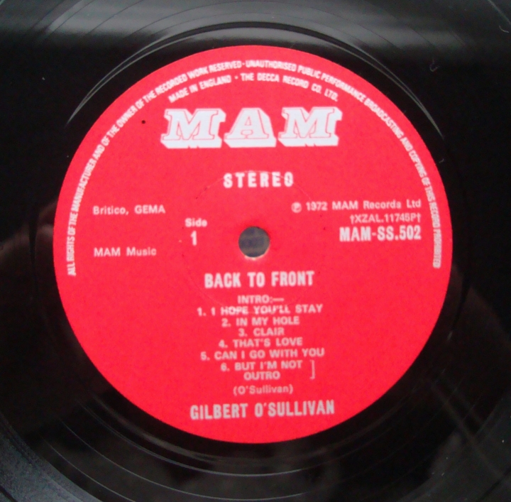Gilbert O'Sullivan ‎– Back To Front MAM-SS 502 + Insert Pop Płyty Winylowe