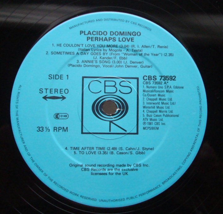 Placido Domingo With John Denver ‎– Perhaps Love 73592 Ballad,Pop