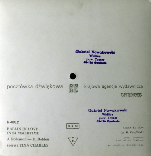 Tina Charles ‎– Fallin In Love In Summertime Tonpress ‎– R 0812 Flexi-disc, 7", 45 RPM, Single Sided, Card Backed, Picture Disc, Mono