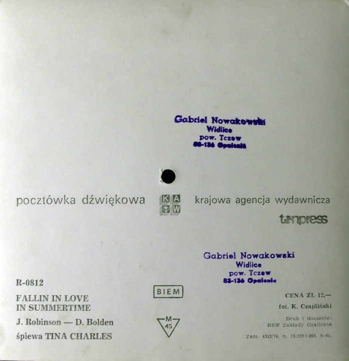 Tina Charles ‎– Fallin In Love In Summertime Tonpress ‎– R 0812 Flexi-disc, 7", 45 RPM, Single Sided, Card Backed, Picture Disc, Mono