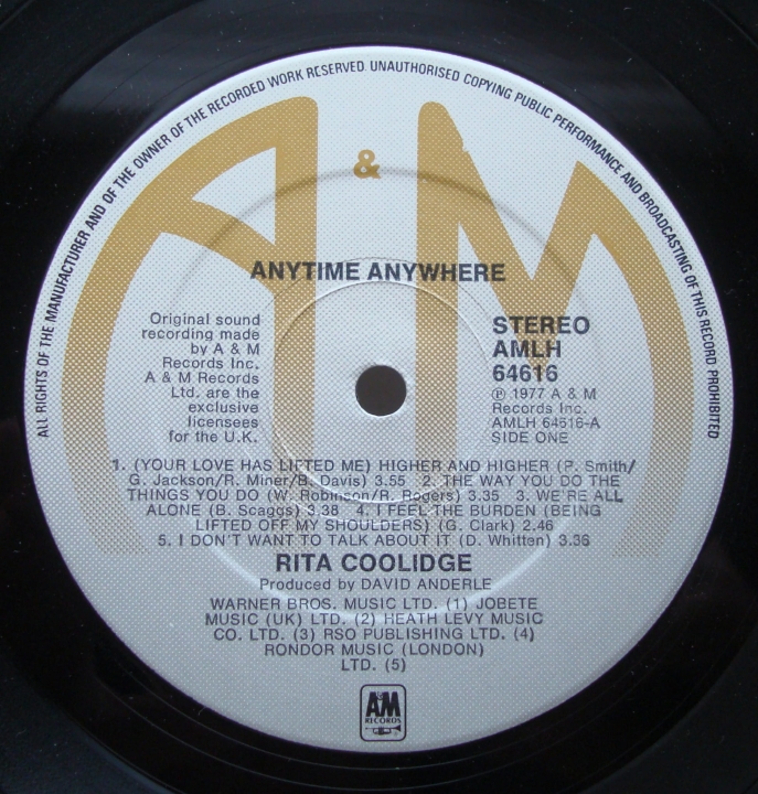 Rita Coolidge ‎– Anytime... Anywhere AMLH 64616 A2 / B1 Pop