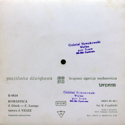 J. Velez ‎– Romantica Tonpress ‎– R-0810 Flexi-disc, 7", 45 RPM, Single Sided, Card Backed, Picture Disc, Mono