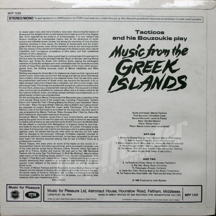 Tacticos And His Bouzoukis Play Music From Greek Islands MFP 1233 Vinyle Folk