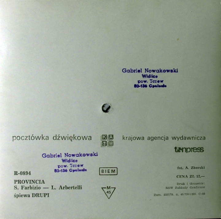Drupi  ‎– Provincia  Tonpress ‎– R-0894 Flexi-disc, 7", 45 RPM, Single Sided, Card Backed, Picture Disc, Mono