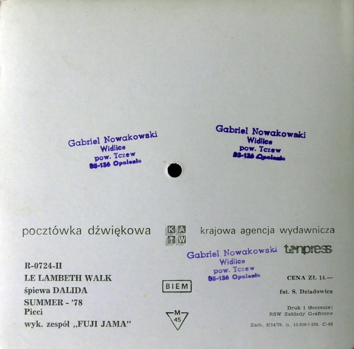 Dalida, Fuji Jama ‎– Le Lambeth Walk / Summer-'78  Tonpress ‎– R-0724-II  Flexi-disc, 7", 45 RPM, Shape, Single Sided, Card Backed, Mono