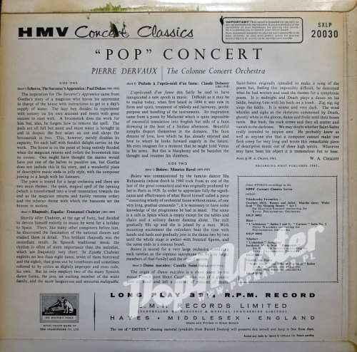 Pop Concert Pierre Dervaux Conducting The Colonne Concert Orchestra SXLP 20030 Klasyka Płyta Winylowa