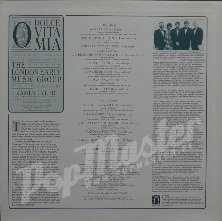 O Dolce Vita Mia Italian Music From The High Renaissance The London Early Music Group Directed By James Tyler D-79029 Продажа пластинок Классическая музыка. 