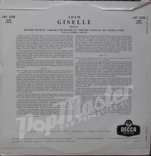 http://popmaster.pl/  Adam Giselle (Ballet) Richard Blareau Conducting L'Orchestre Du Theatre National De L'Opera, Paris LXT 5378 Продажа пластинок Классическая музыка