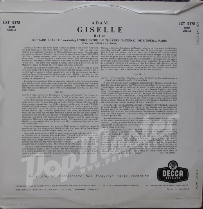 http://popmaster.pl/  Adam Giselle (Ballet) Richard Blareau Conducting L'Orchestre Du Theatre National De L'Opera, Paris LXT 5378 Продажа пластинок Классическая музыка