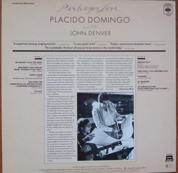 Placido Domingo With John Denver ‎– Perhaps Love 73592 Ballad,Pop
