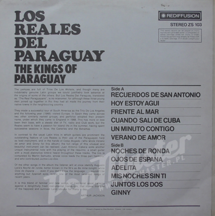 Los Reales Del Paraguay (The Kings Of Paraguay) Rediffusion STEREO ZS 103 Виниловые Пластинки Народная музыка
