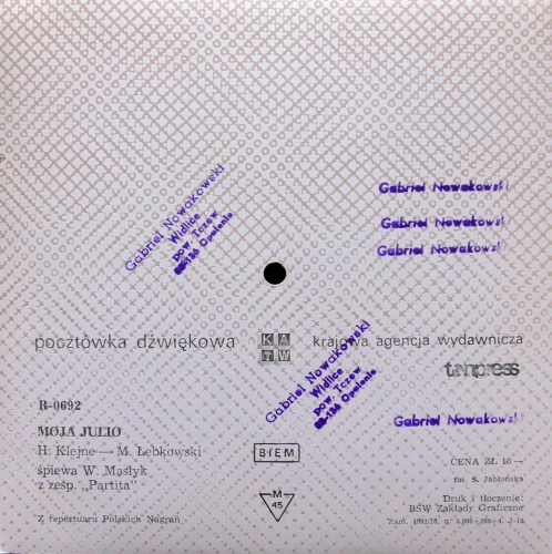 Wacław Masłyk, Partita ‎– Moja Julio Flexi-disc, 7", 45 RPM, Single Sided, Card Backed, Picture Disc, Mono 