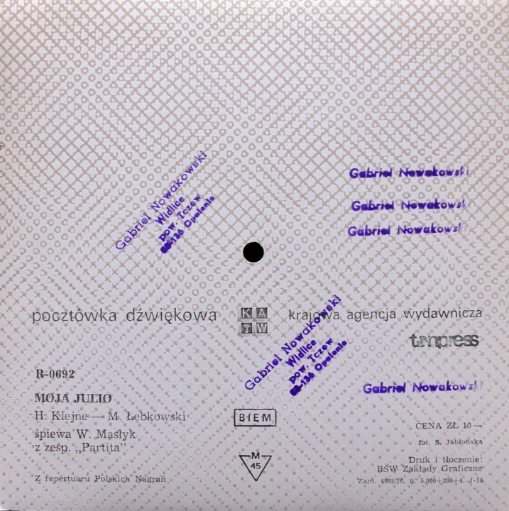 Wacław Masłyk, Partita ‎– Moja Julio Flexi-disc, 7", 45 RPM, Single Sided, Card Backed, Picture Disc, Mono 