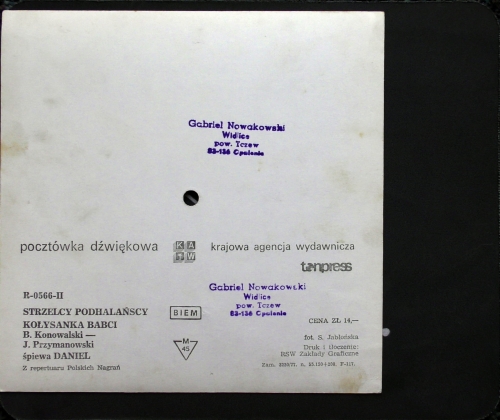 Daniel ‎– Strzelcy Podhalańscy, Kołysanka Babci Tonpress ‎– R-0566-II Flexi-disc, 7", 45 RPM, Single Sided, Card Backed, Picture Disc, Mono