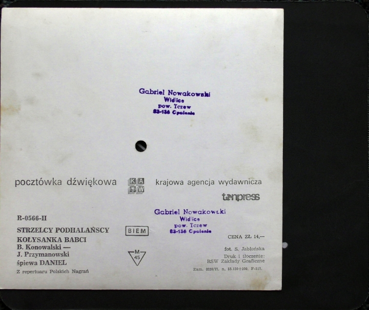 Daniel ‎– Strzelcy Podhalańscy, Kołysanka Babci Tonpress ‎– R-0566-II Flexi-disc, 7", 45 RPM, Single Sided, Card Backed, Picture Disc, Mono