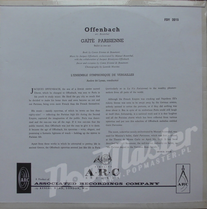 Offenbach Gaite Parisienne L'Ensemble Symphonique De Versailles Andre De Lysan Conductor A.R.C. Records FDY 2015 Operetka Plyty Winylowe www.popmaster.pl